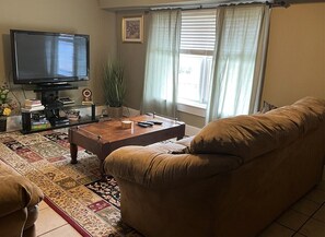 A living room with a sofa, a coffee table, a television, and a window with curtains. - Mountain View Farmhouse (Stanardsville)