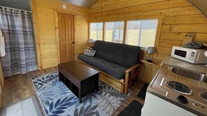 A compact cabin with a sofa, coffee table, and kitchenette. - Bamboo Beetle Cabin Pod (Stanardsville)