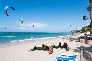 On the beach, sun loungers, beach towels