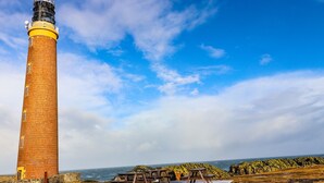 A lighthouse with a brick exterior and a yellow top, situated on a rocky coastline with picnic tables in the foreground. - Fishermans Holding (Isle of Lewis)