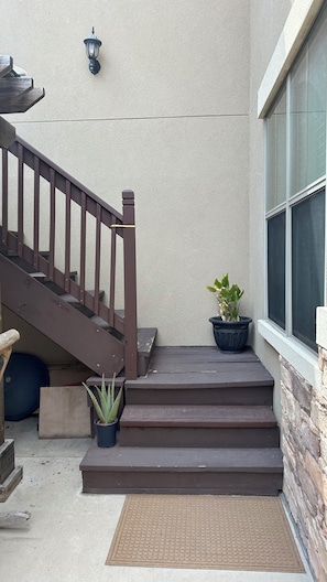 A set of wooden steps leading to a door, a potted plant, and a wall-mounted light fixture.