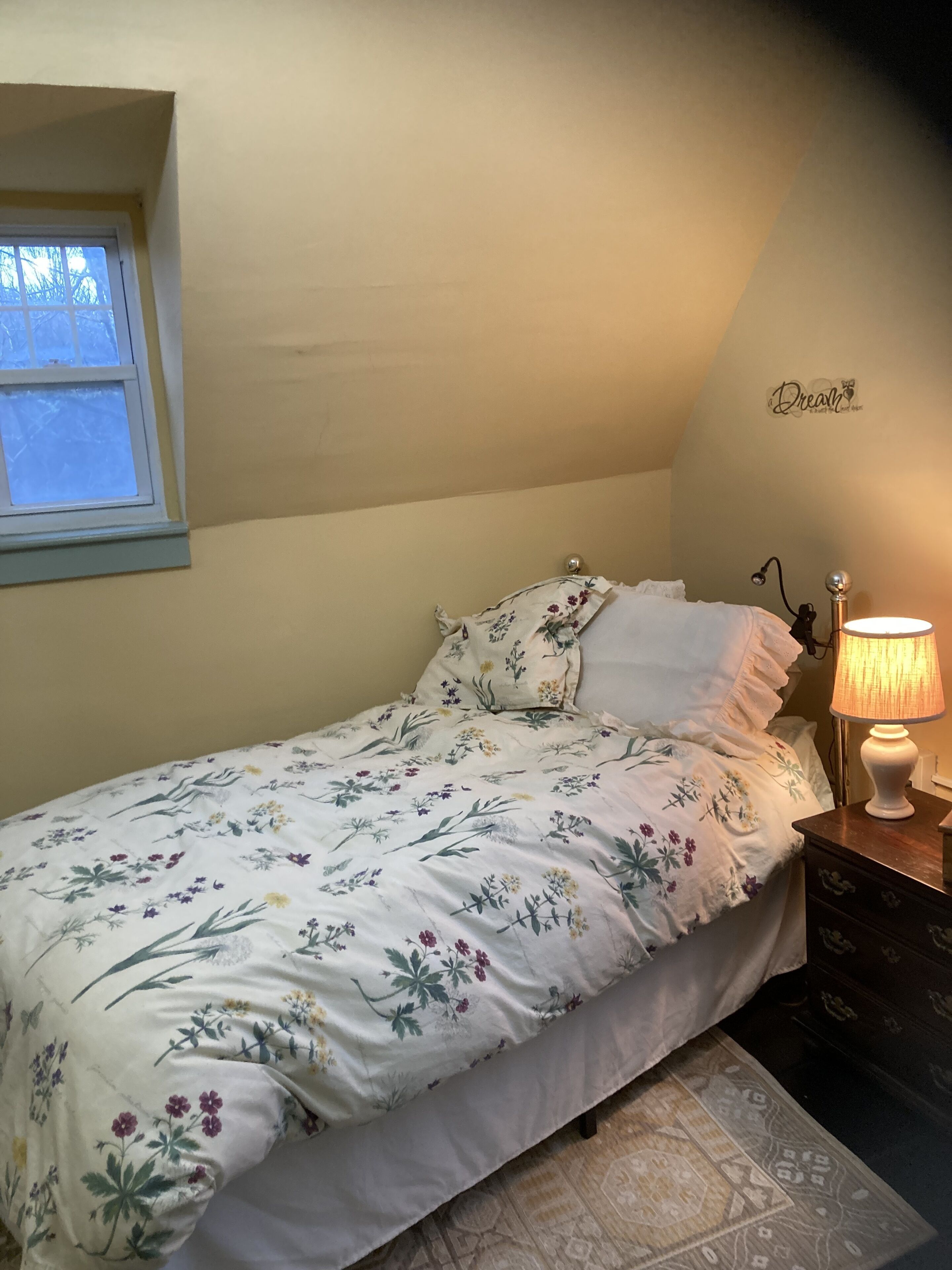 A bedroom with a single bed, a bedside lamp, a small wooden nightstand, and a window with a view of trees.