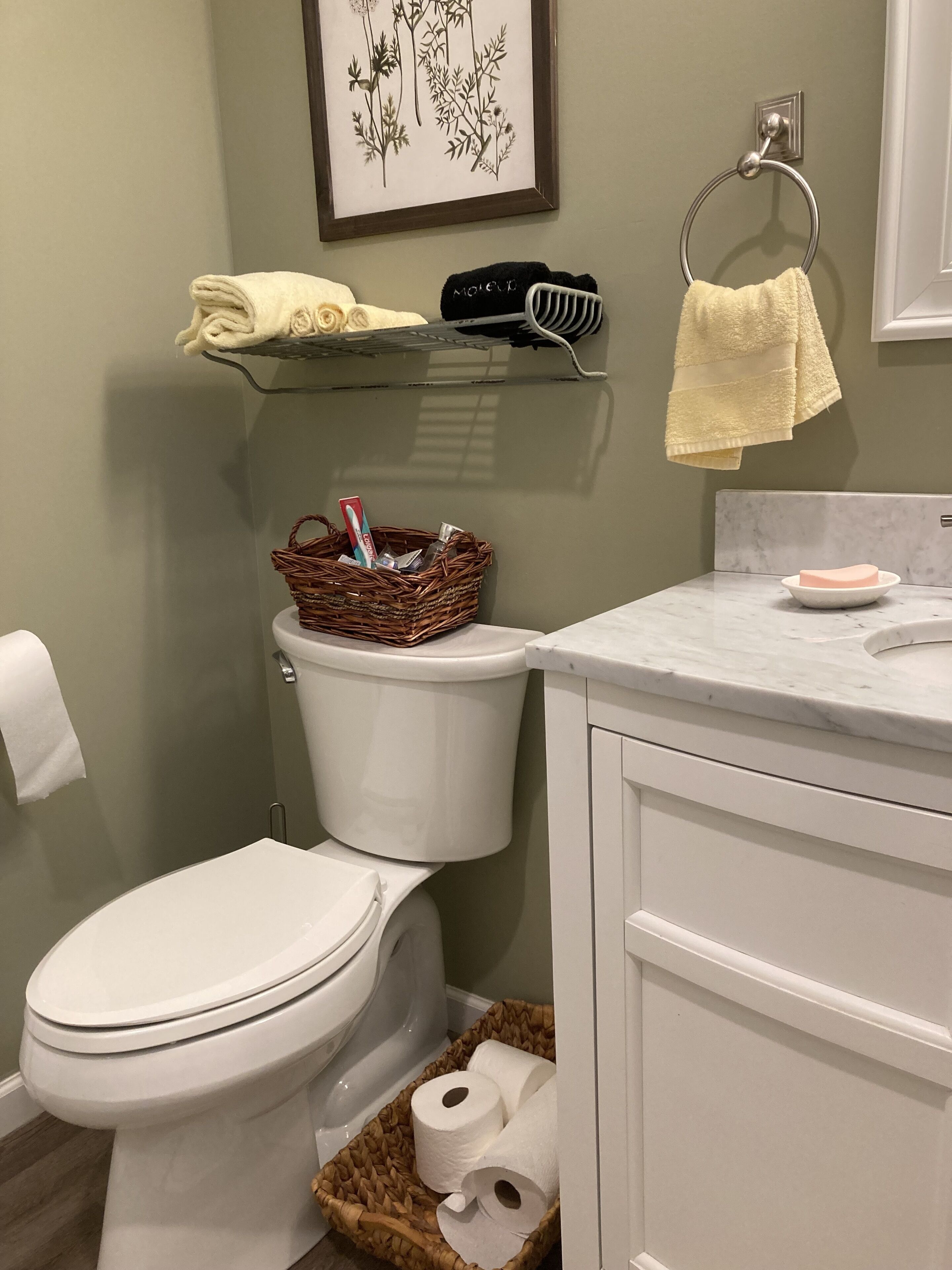 Une salle de bain comprenant des toilettes, un lavabo, un miroir et une estampe botanique encadrée accrochée au mur.