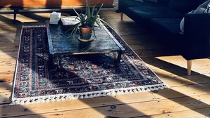 Ein modernes Wohnzimmer mit großem Fenster, einer Couch, einem Couchtisch mit Pflanze und einem Teppich.