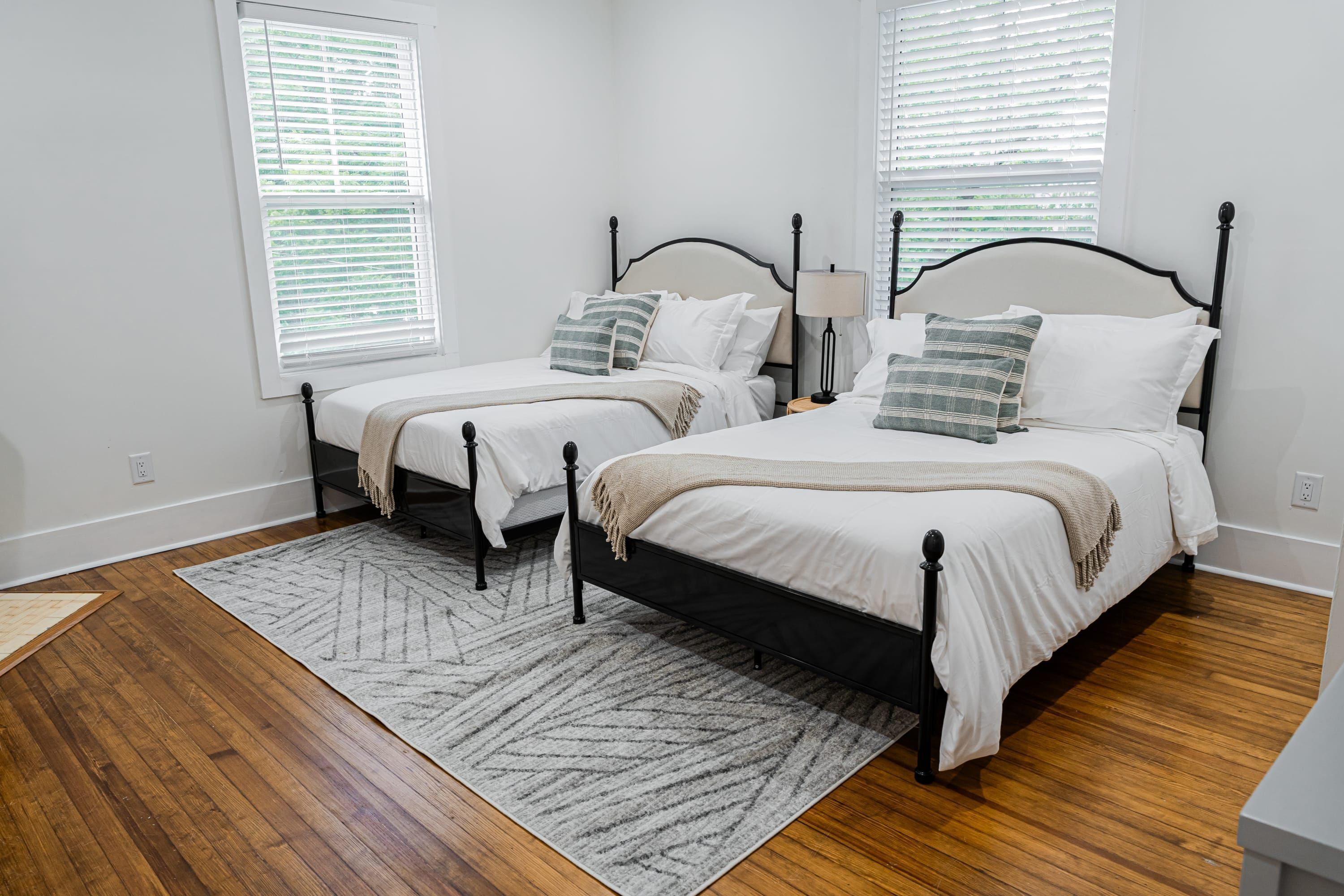 A bedroom with two beds, a bedside table with a lamp, and a rug.