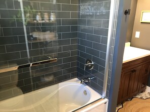 Hair dryer, towels, soap, shampoo