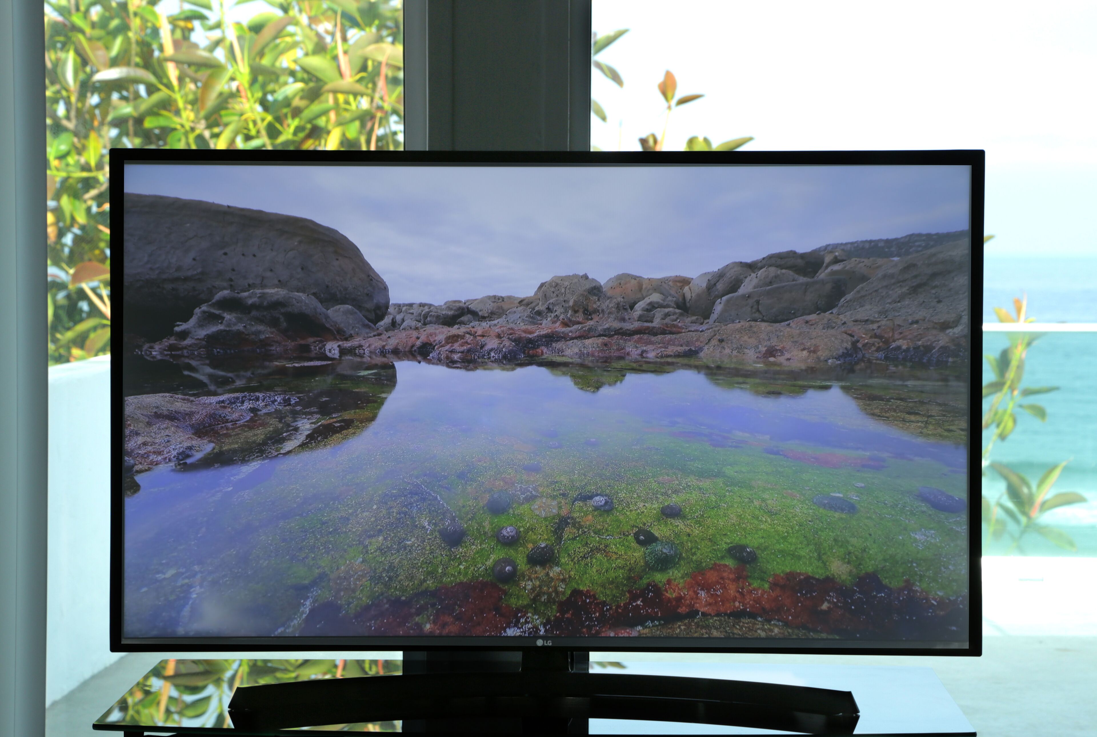 Ein Flachbildfernseher auf einem Standfuß zeigt eine malerische Ansicht einer felsigen Küstenlinie mit klarem Wasser und viel Grün.