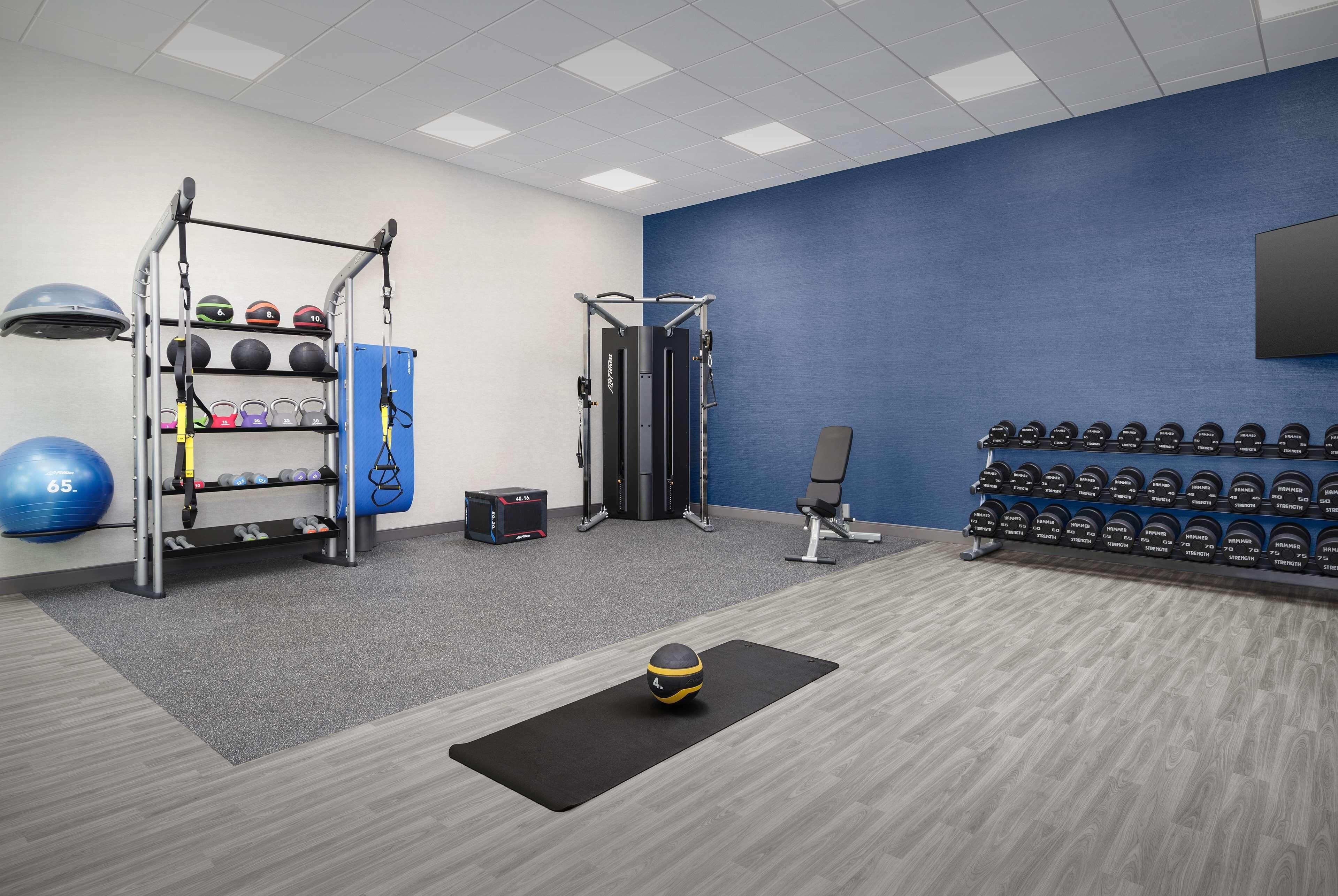 A gym with exercise equipment, a wall-mounted TV, and a row of dumbbells.