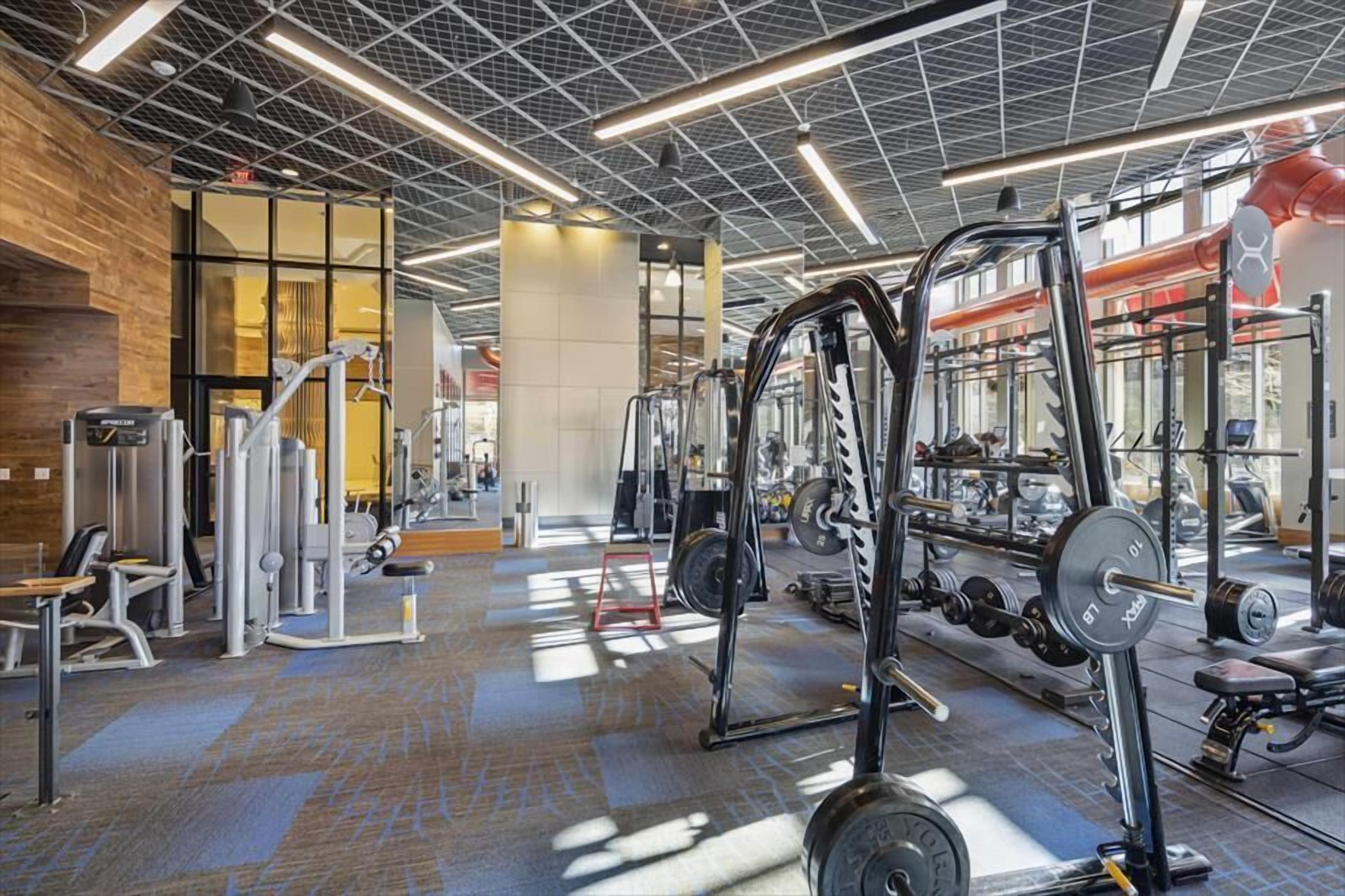 Un gimnasio moderno con diversos equipos de ejercicio, incluyendo máquinas de pesas y pesas libres.