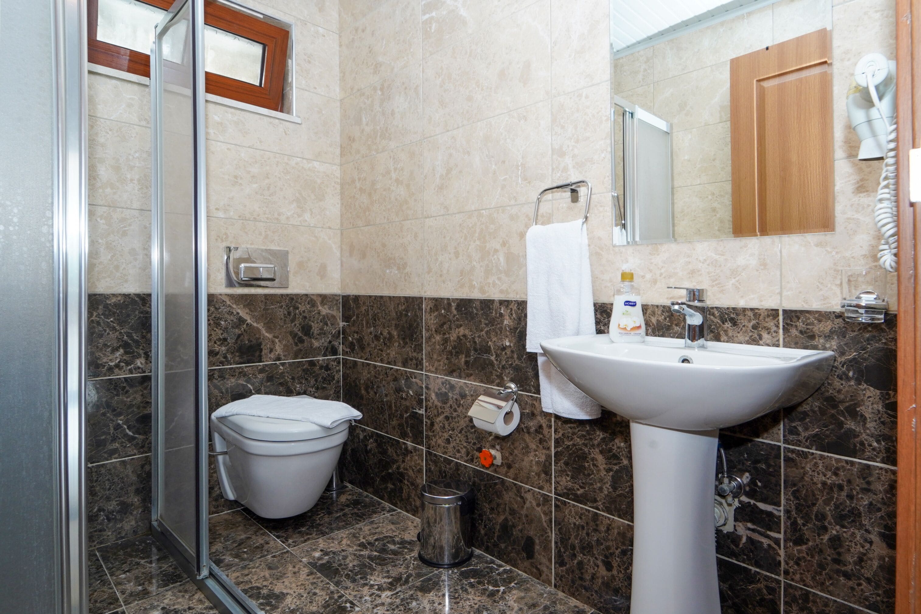 A modern bathroom with a glass shower enclosure, a toilet, a sink, and a mirror.