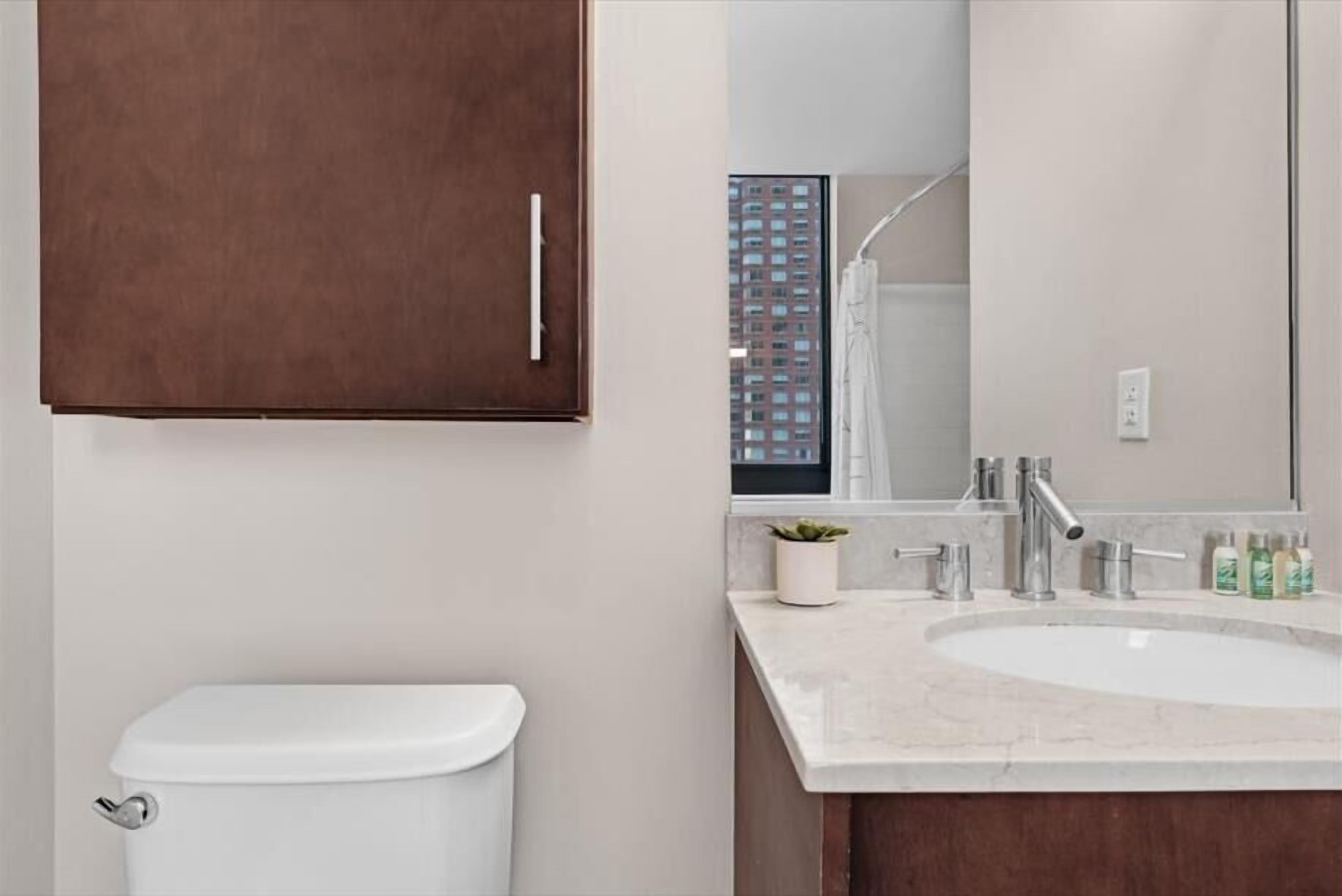 A bathroom with a white toilet, a wooden cabinet, a large mirror, and a marble sink.