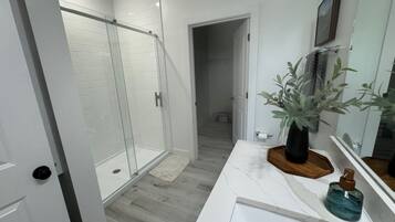 A modern bathroom with a glass shower enclosure, white marble countertop, and a potted plant on the vanity.