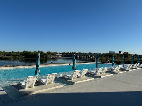 Seasonal outdoor pool, pool umbrellas