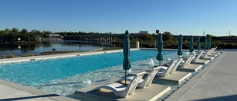 Seasonal outdoor pool, pool umbrellas