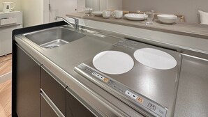Une cuisine moderne dotée d’un évier en acier inoxydable, de deux plaques de cuisson à induction et d’une hotte noire.
