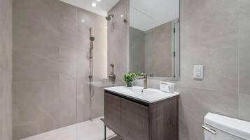 Shower, hair dryer, towels