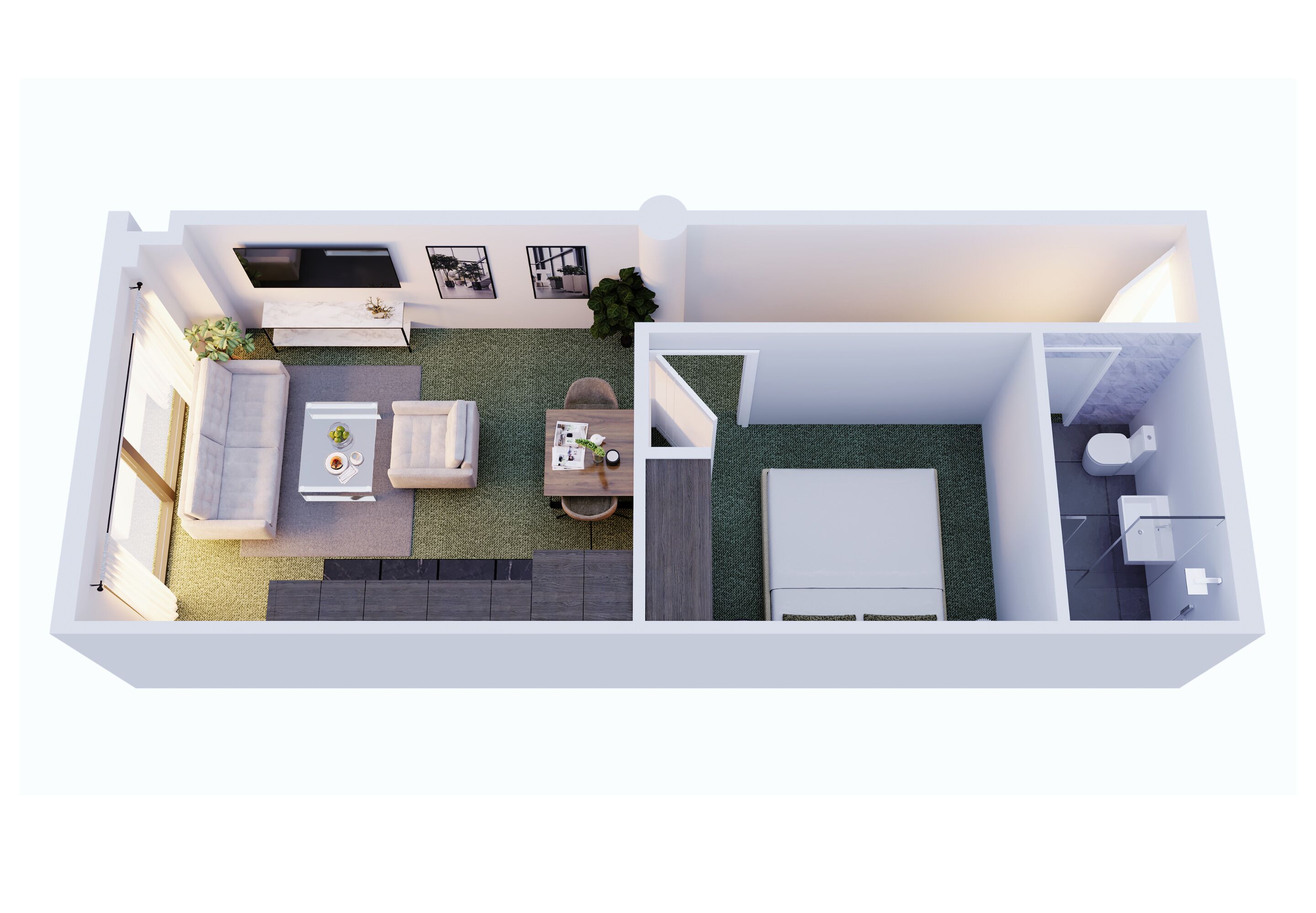 A modern apartment layout with a living area, kitchen, and bathroom.