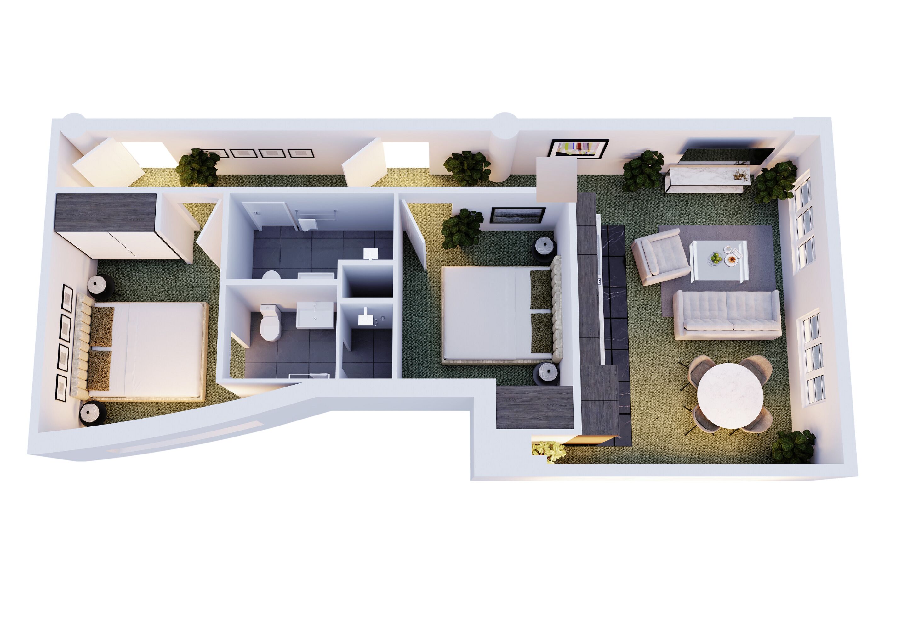 A modern apartment layout with a living room, dining area, kitchen, and two bedrooms.