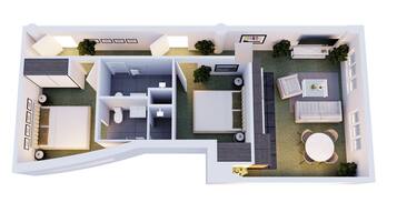 A modern apartment layout with a living room, dining area, kitchen, and two bedrooms.