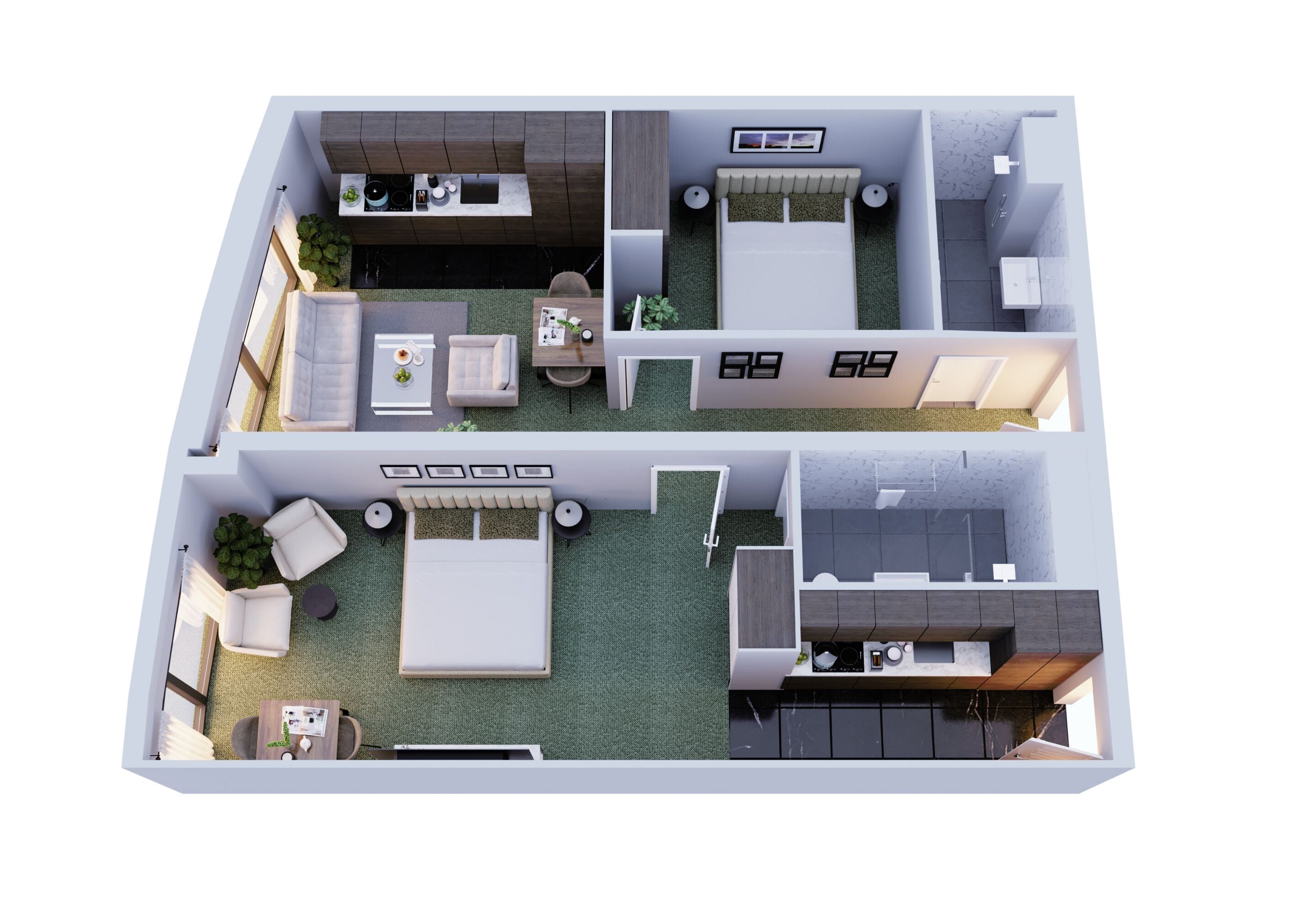 Un plan d’étage en 2D d’un appartement moderne comprenant un espace de vie, une cuisine, un coin repas et une chambre.