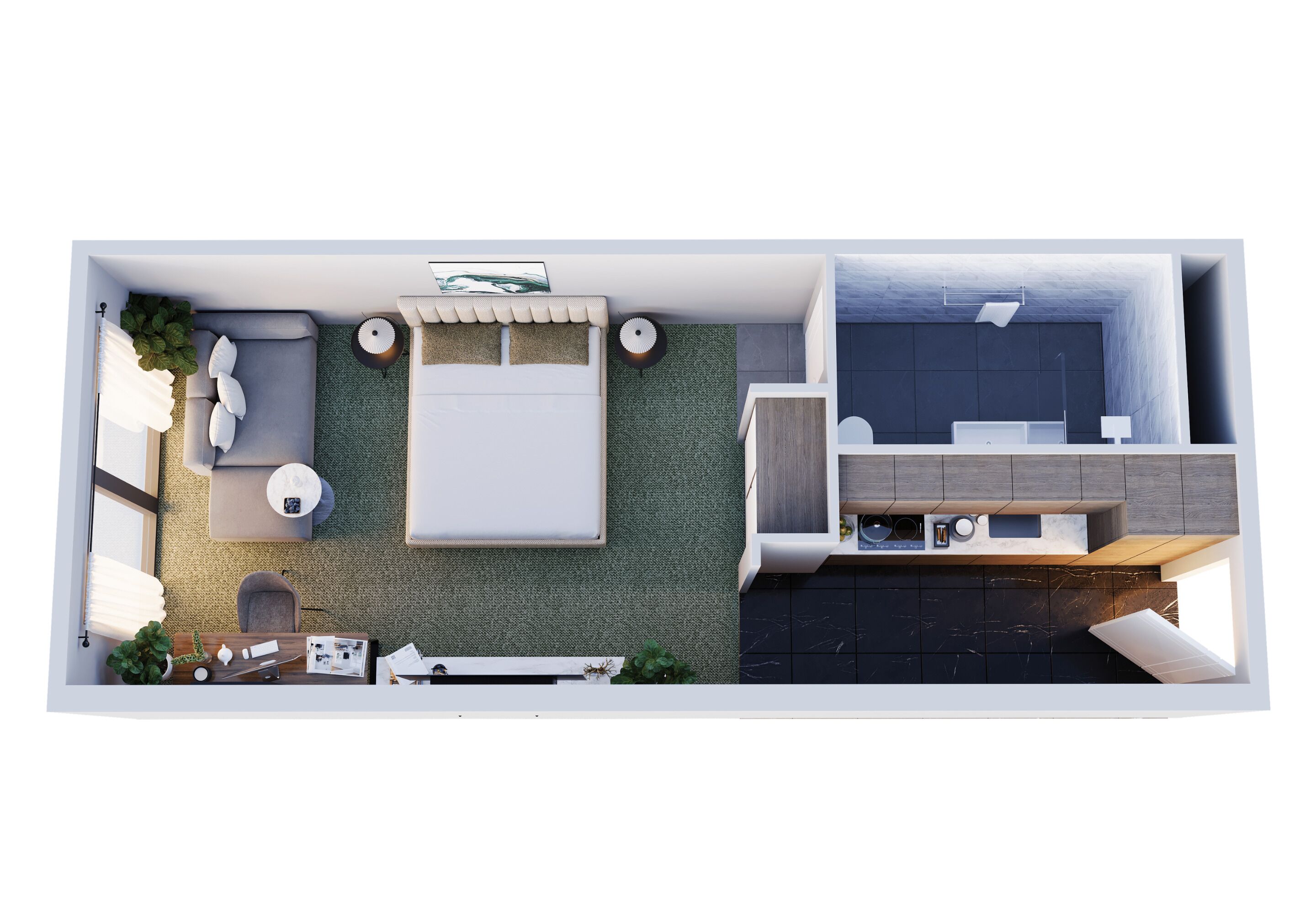 Distribución moderna de un apartamento con dormitorio, sala de estar y cocina.