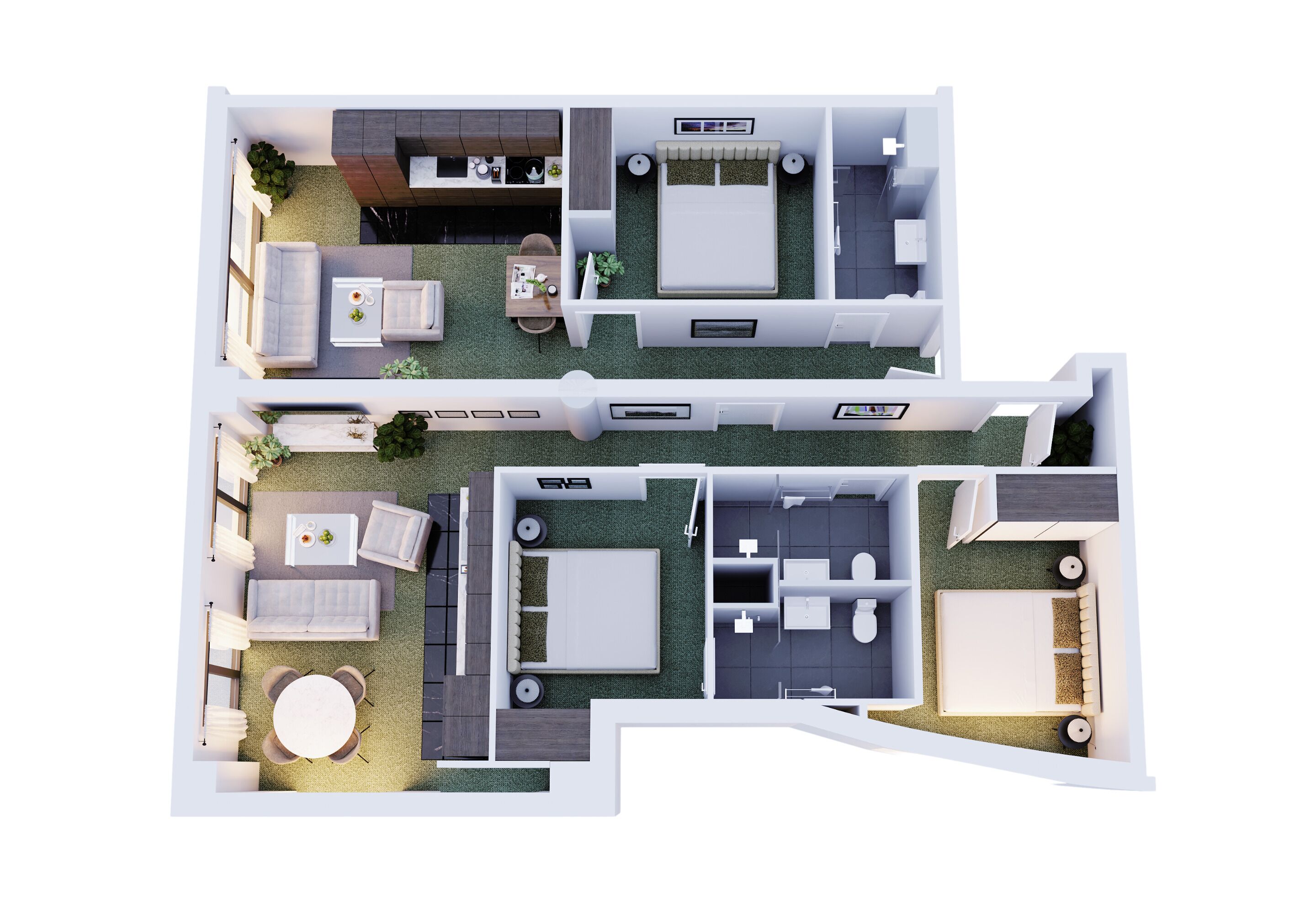 Indeling van een appartement met twee slaapkamers, een woonruimte, keuken en afzonderlijke slaapkamers.