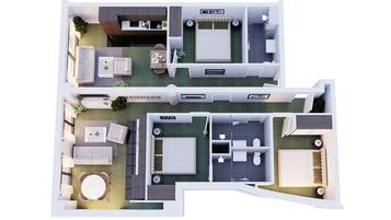 Indeling van een appartement met twee slaapkamers, een woonruimte, keuken en afzonderlijke slaapkamers.
