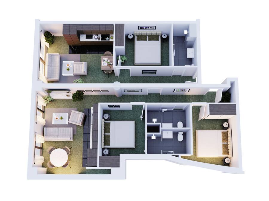 Indeling van een appartement met twee slaapkamers, een woonruimte, keuken en afzonderlijke slaapkamers.