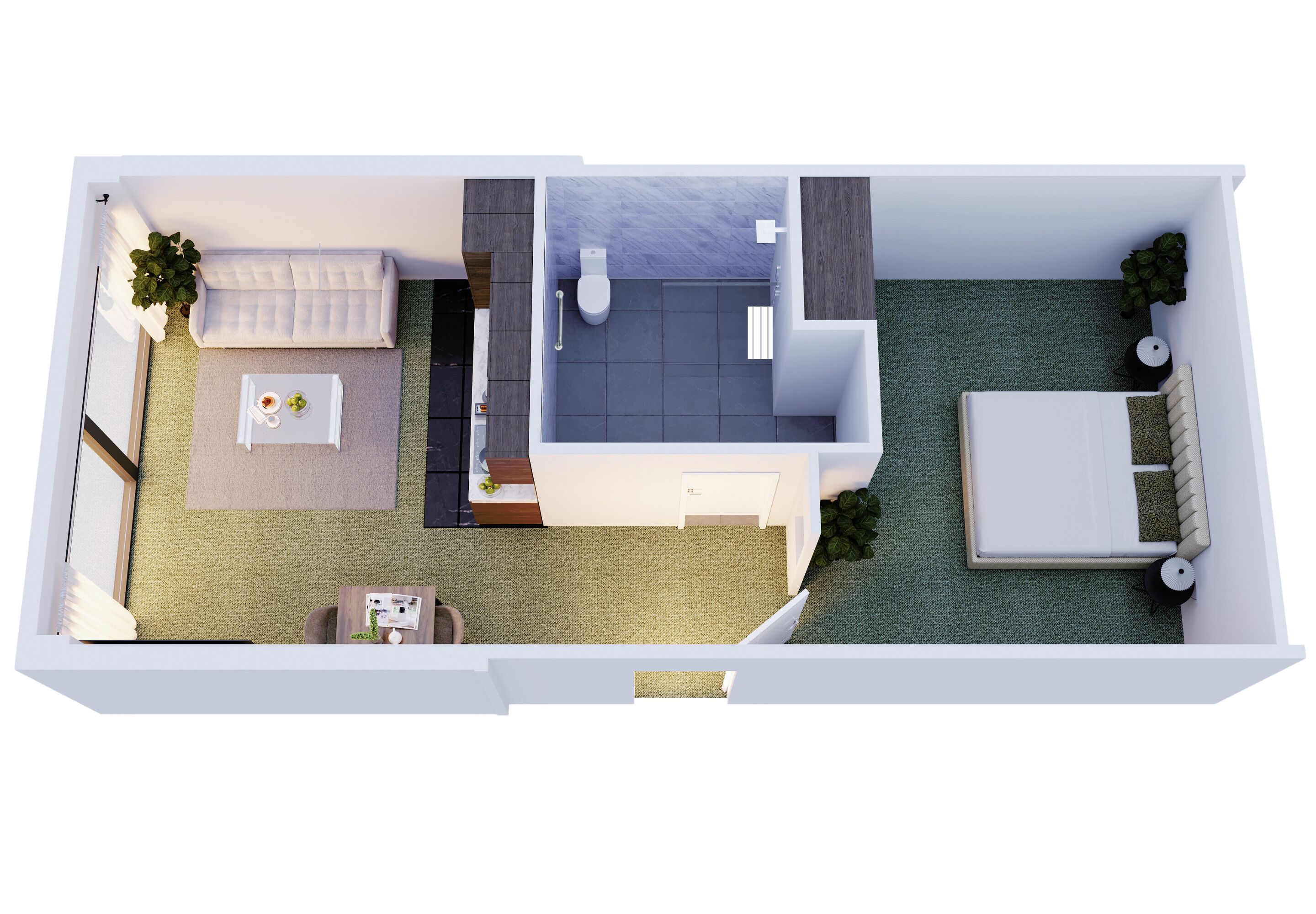 Ein modernes Apartment mit Wohnbereich, Küche und einem kleinen Balkon.