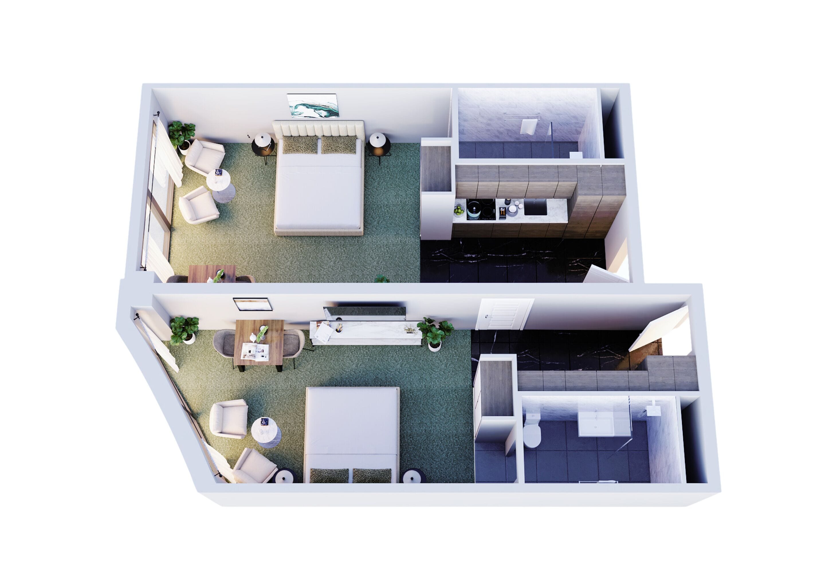 A modern hotel room with a bed, seating area, kitchenette, and a bathroom.