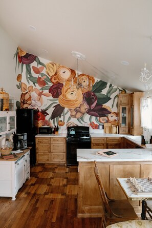 Een microgolfoven, een oven, een kookplaat, een vaatwasser