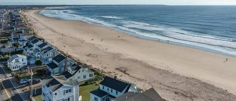 On the beach, sun loungers, beach towels