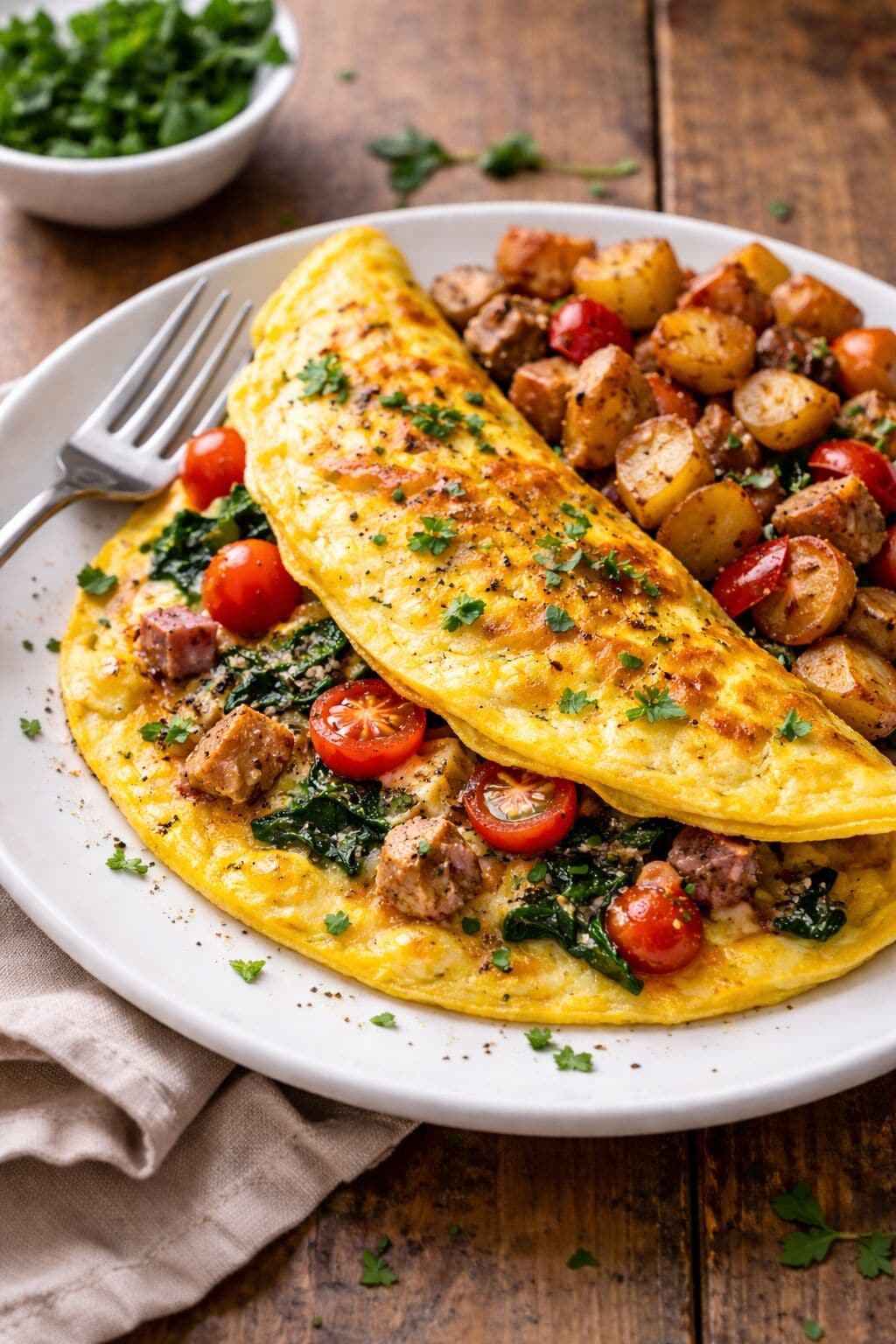 A plate of food with an omelette and roasted potatoes.