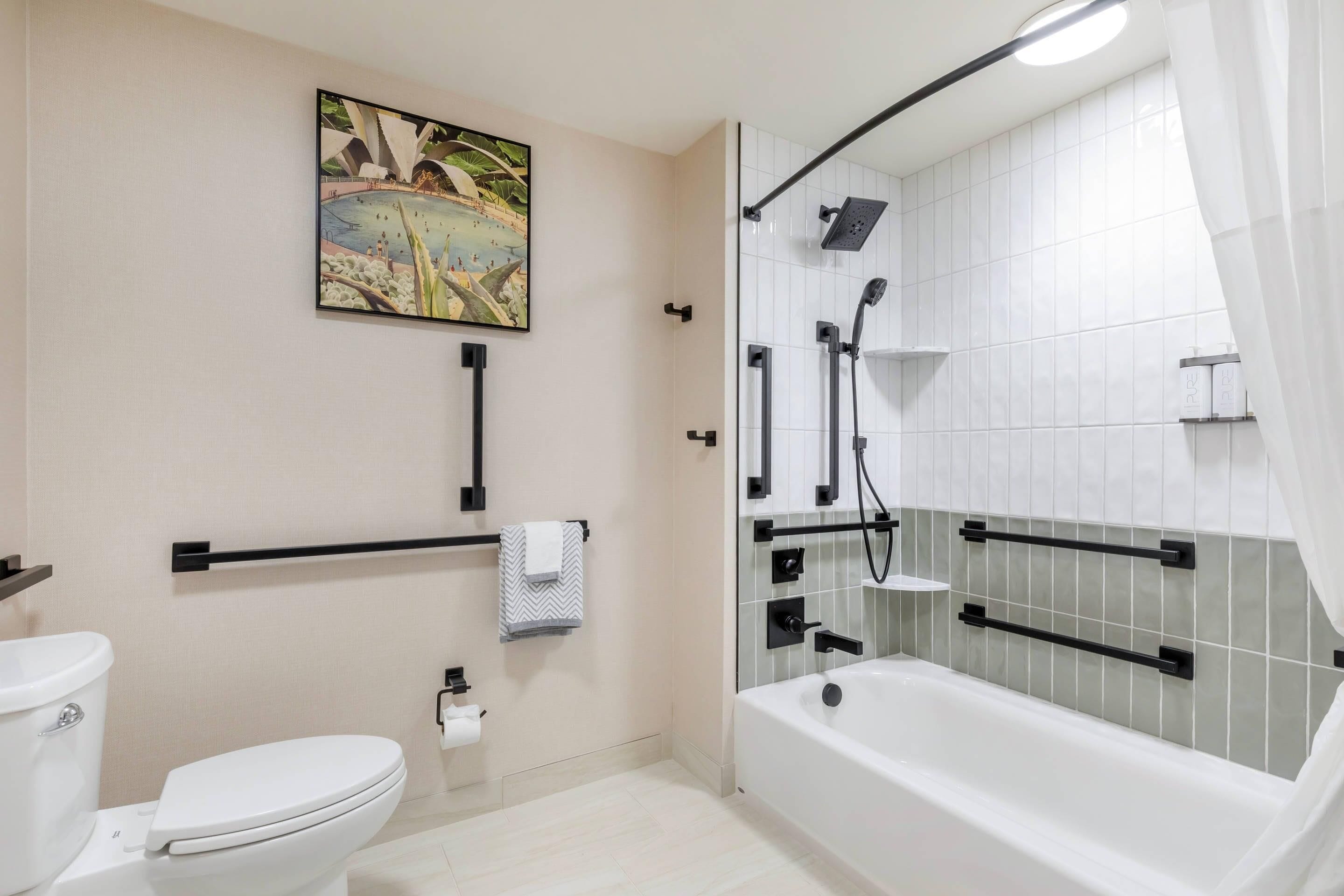 Een moderne badkamer met een toilet, een bad en een douche. Er hangt een schilderij aan de muur en er is een handdoekhouder.
