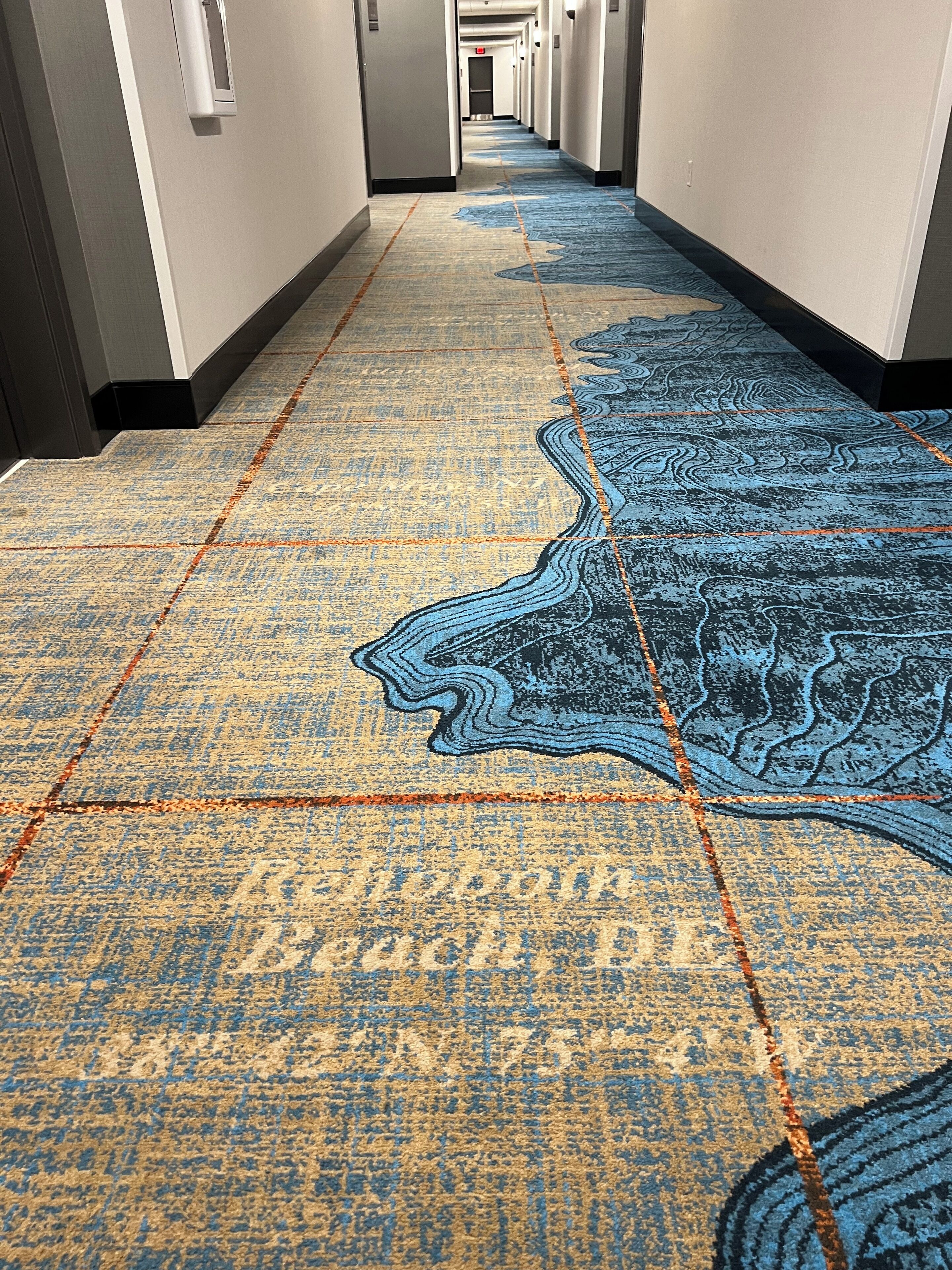 A hotel hallway with a patterned carpet and a long corridor leading to a door at the end.