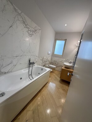 Shower, hair dryer, bidet, towels