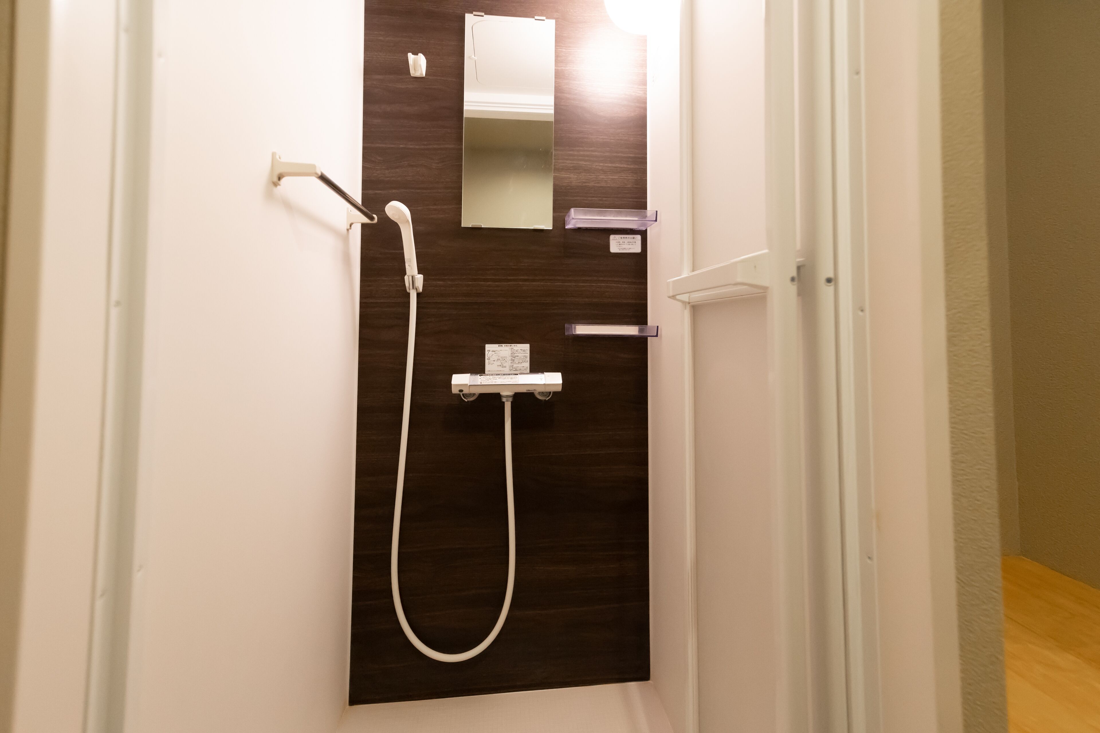 Een douche met een handdouche, een spiegel aan de muur en een klein plankje.