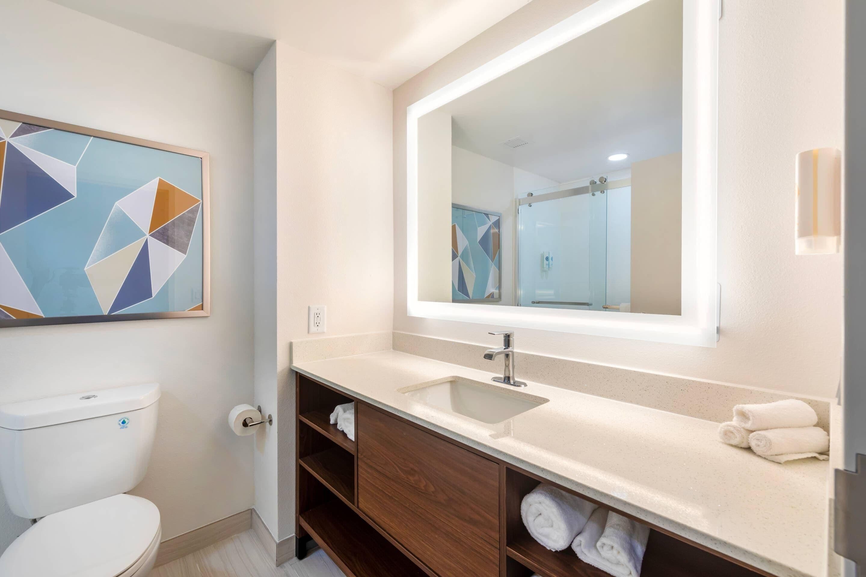 A modern bathroom with a toilet, a sink, a mirror, and a shower.