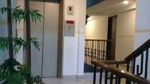 A hallway with a potted plant, a staircase with a metal railing, and an elevator. - HOTEL SANTIAGO (Puebla)
