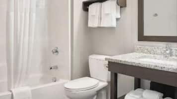 Hair dryer, towels, soap, shampoo