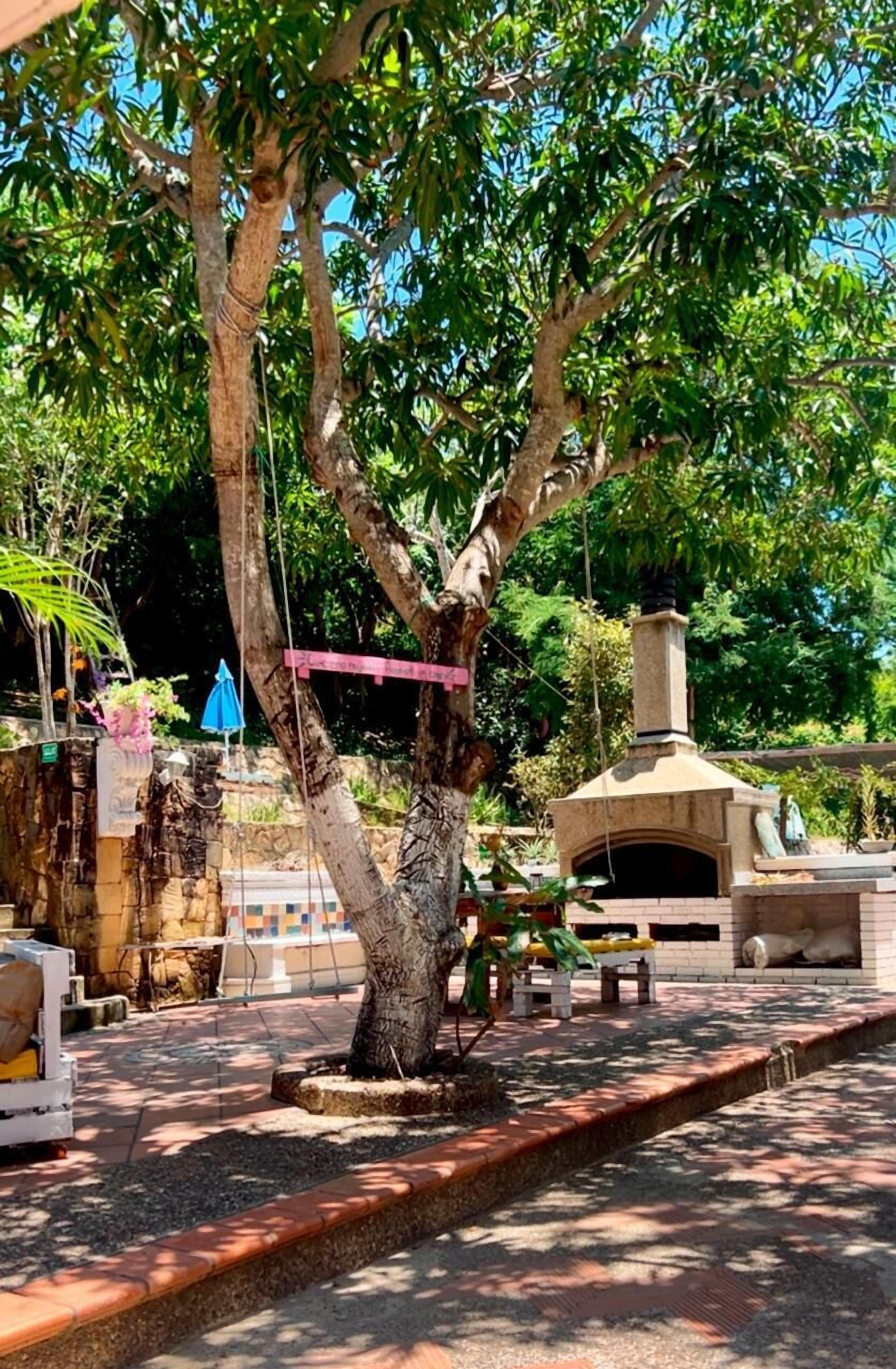 Uma área de pátio com forno de tijolos, uma árvore e mobiliário de exterior.