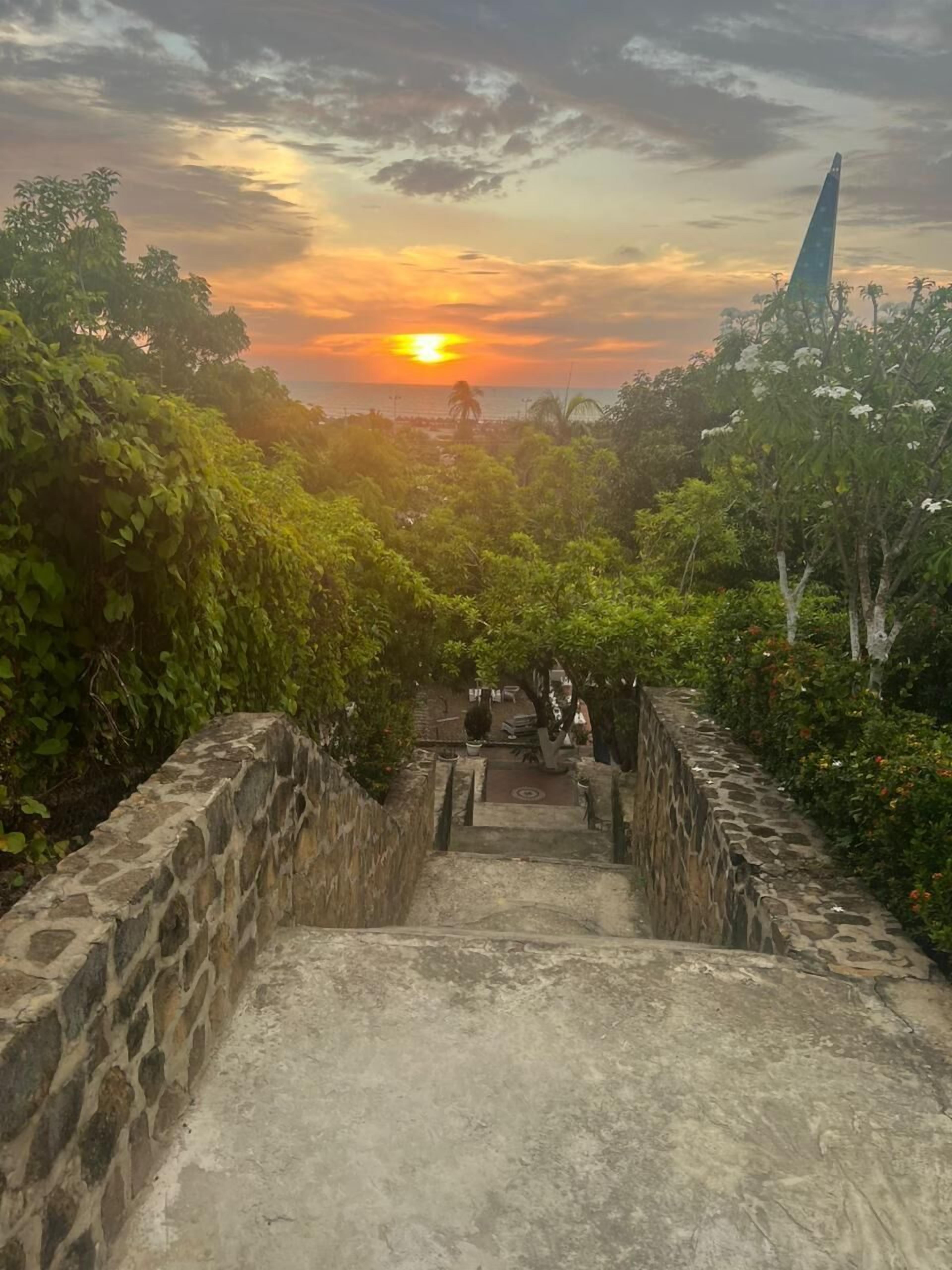 A stone staircase leading up to a higher level, surrounded by lush greenery and a sunset in the background.