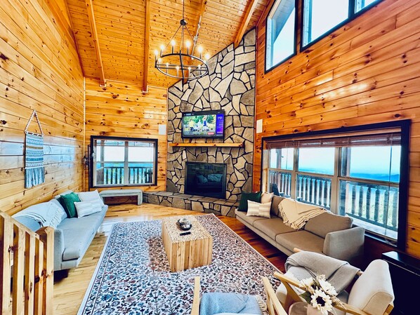 Smart TV, fireplace, video games, DVD player