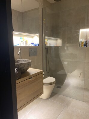 Ducha, toallas, jabón y champú