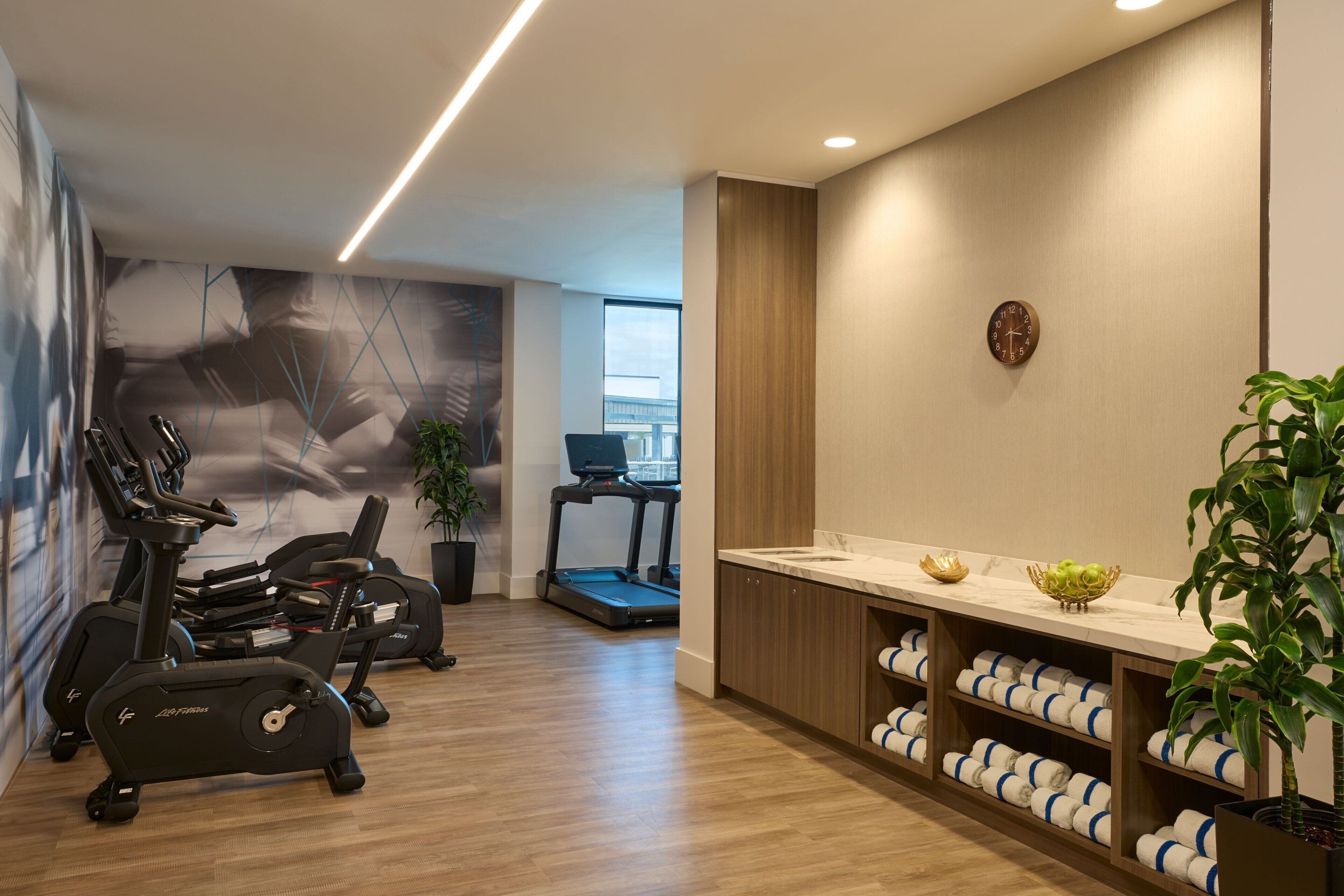 A modern gym with exercise equipment, a treadmill, and a weight bench.