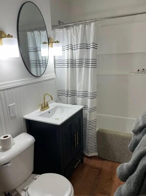 Combined shower/tub, hair dryer, towels, toilet paper