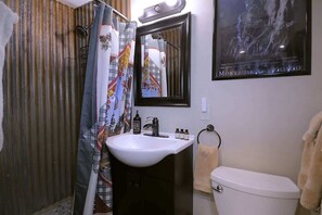 Shower, hair dryer, shampoo