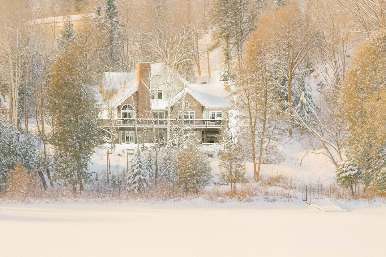 A large, multi-story house surrounded by snow-covered trees.