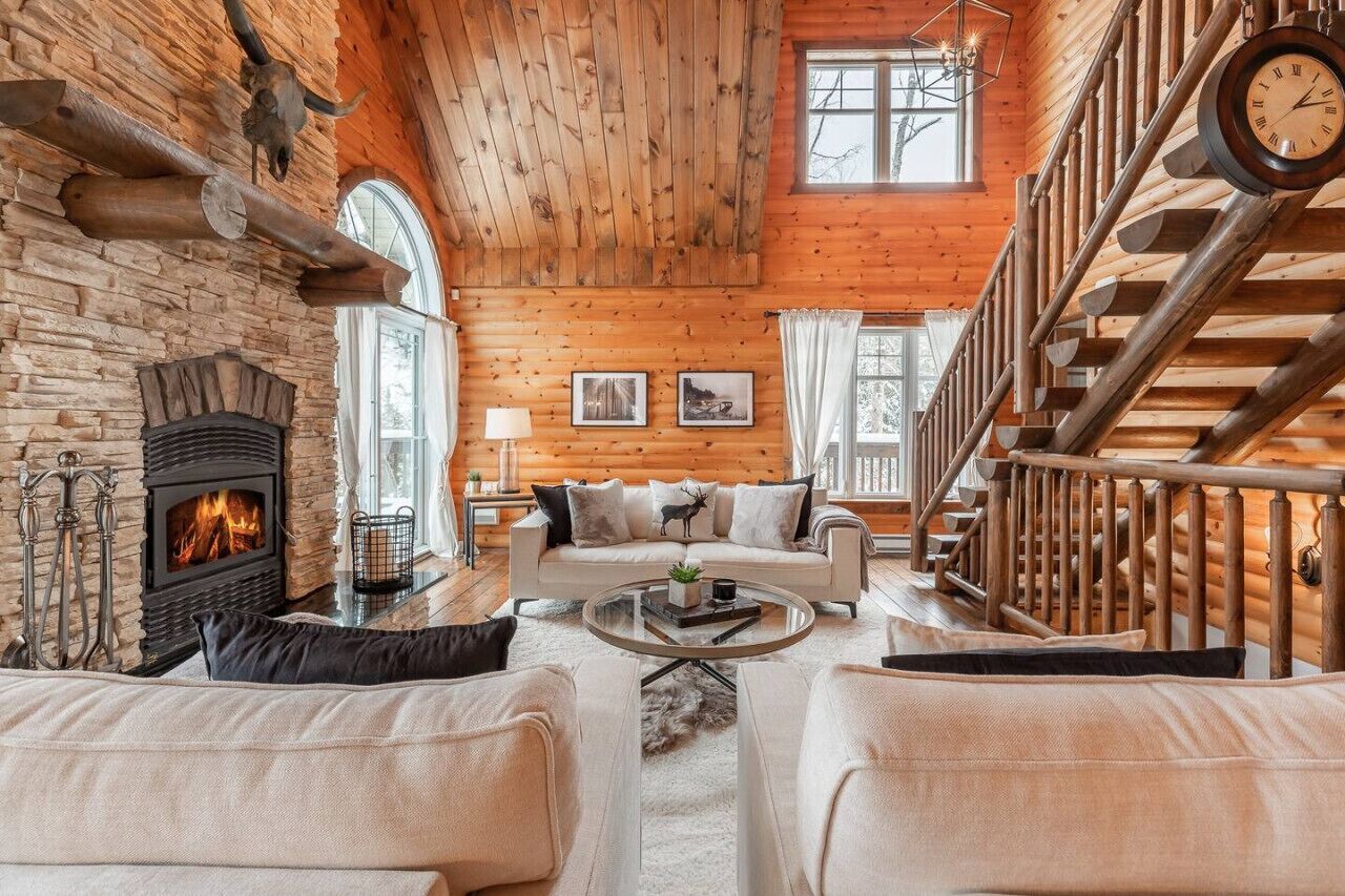 Télévision, cheminée, chaîne hi-fi