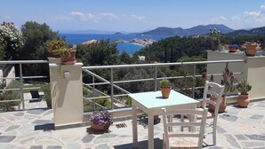 Une terrasse avec une table et des chaises, des plantes en pot et une vue sur la mer et les montagnes.